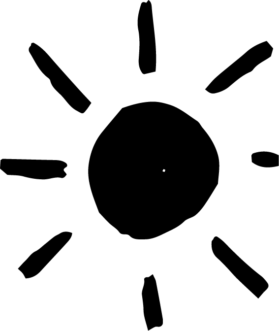 A simple black and white illustration of a sun with radiating rays drawn in a minimalist style.