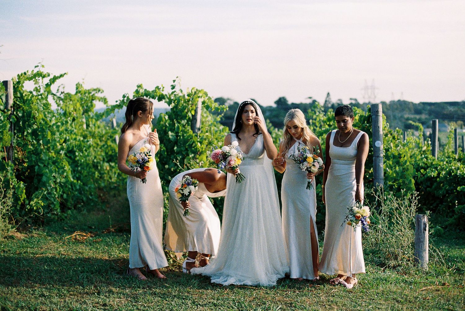 Bride and bridesmaids in white gowns holding bouquets at a vineyard wedding on a sunny day.
