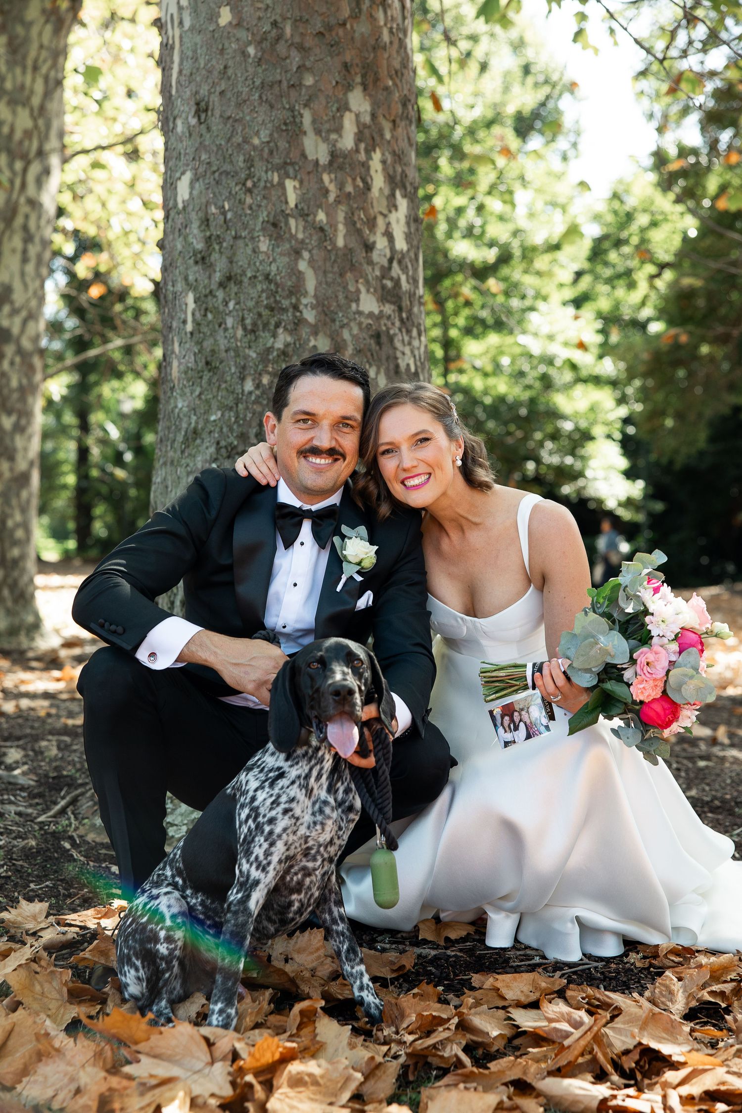 A couple in formal wedding attire sits in autumn leaves with their spotted dog for an outdoor photo session.