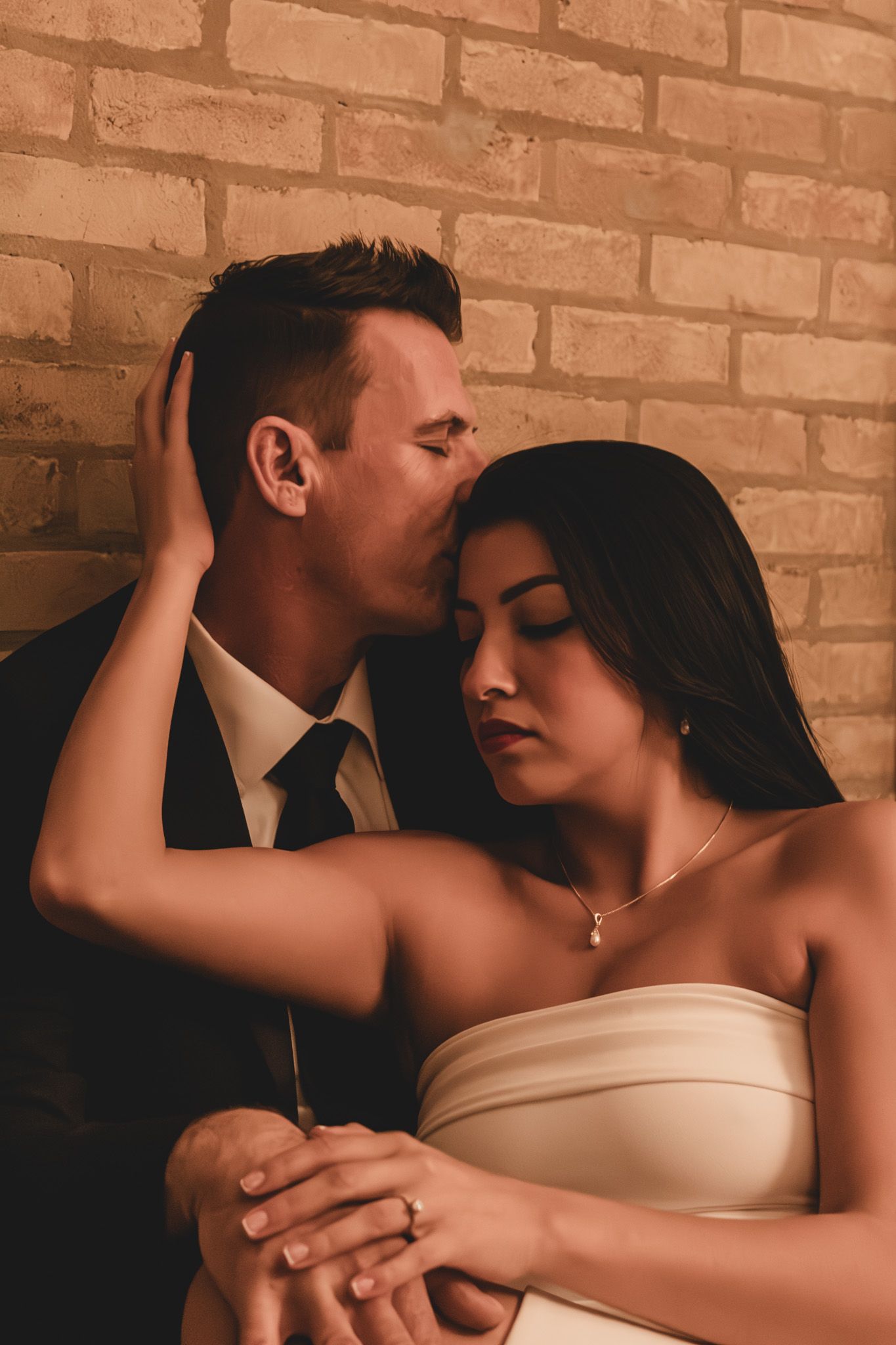 Romantic couple in formal attire share an intimate moment against a brick wall background in warm lighting.