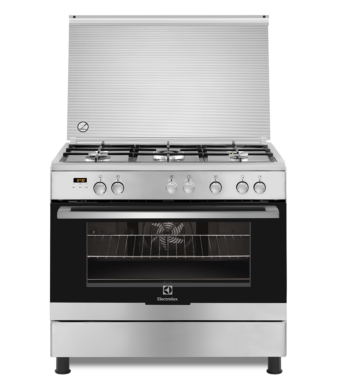 Stainless steel gas range with large oven featuring multiple burners and sleek design.