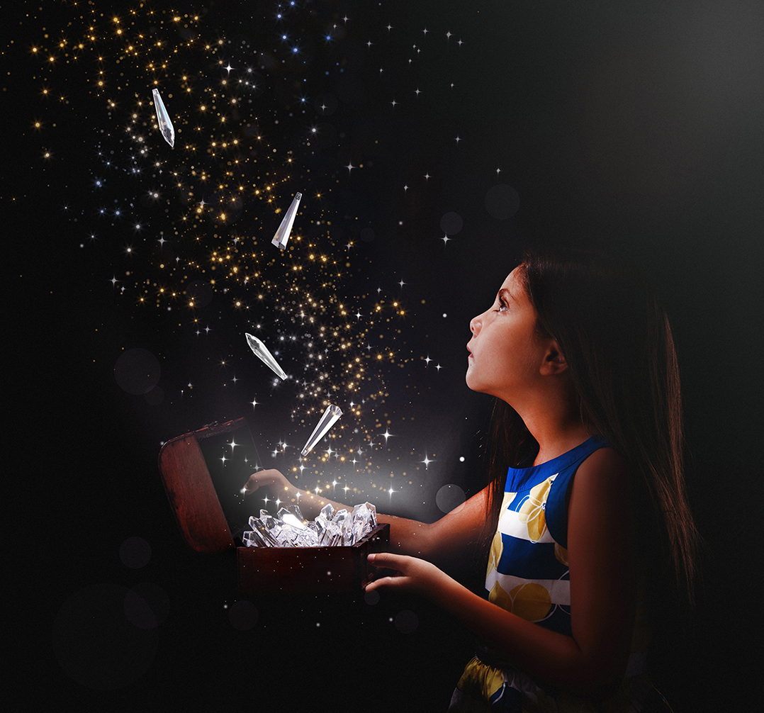 Digital art of magical sparkles and crystals flying out of an open box against dark background.