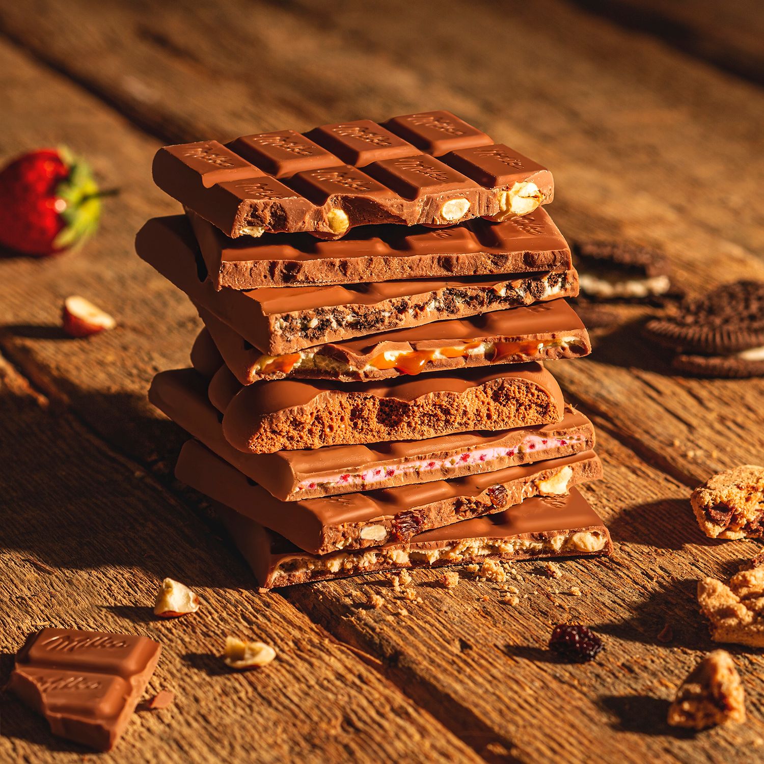 Stack of broken milka chocolate bars with nuts on rustic wooden surface in warm lighting.