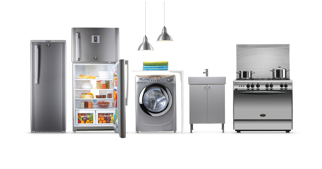 Collection of modern kitchen appliances including refrigerator, washer, and stove in silver finish.