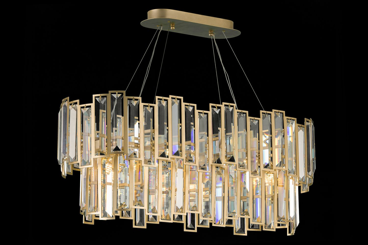 Modern rectangular crystal chandelier with vertical glass prisms in gold finish.