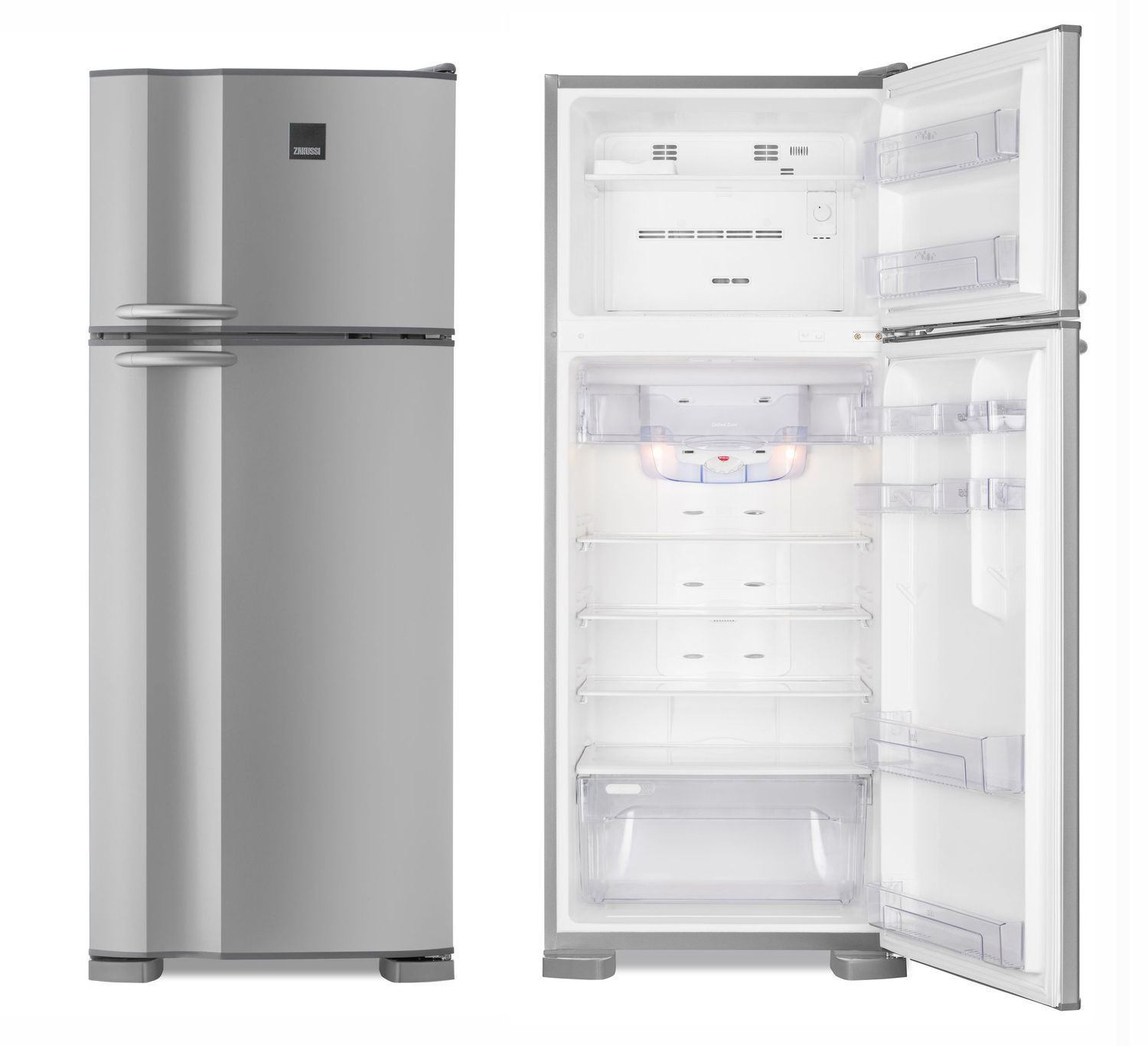 Modern stainless steel double-door refrigerator shown from exterior and interior views.