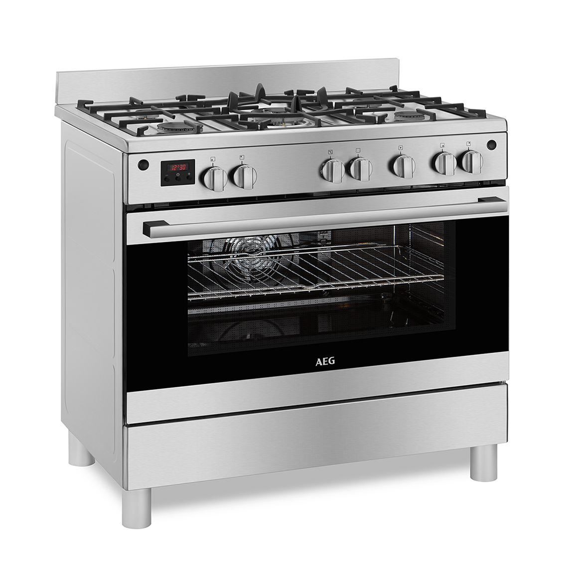 Professional stainless steel gas range with six burners and large oven compartment.