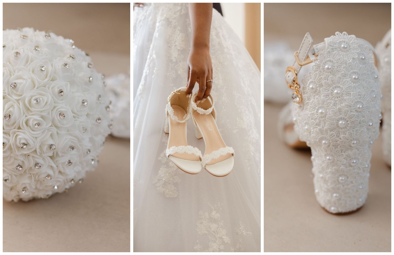 White pearls, crystals and lace details adorn delicate bridal accessories and shoes in a warm beige setting.