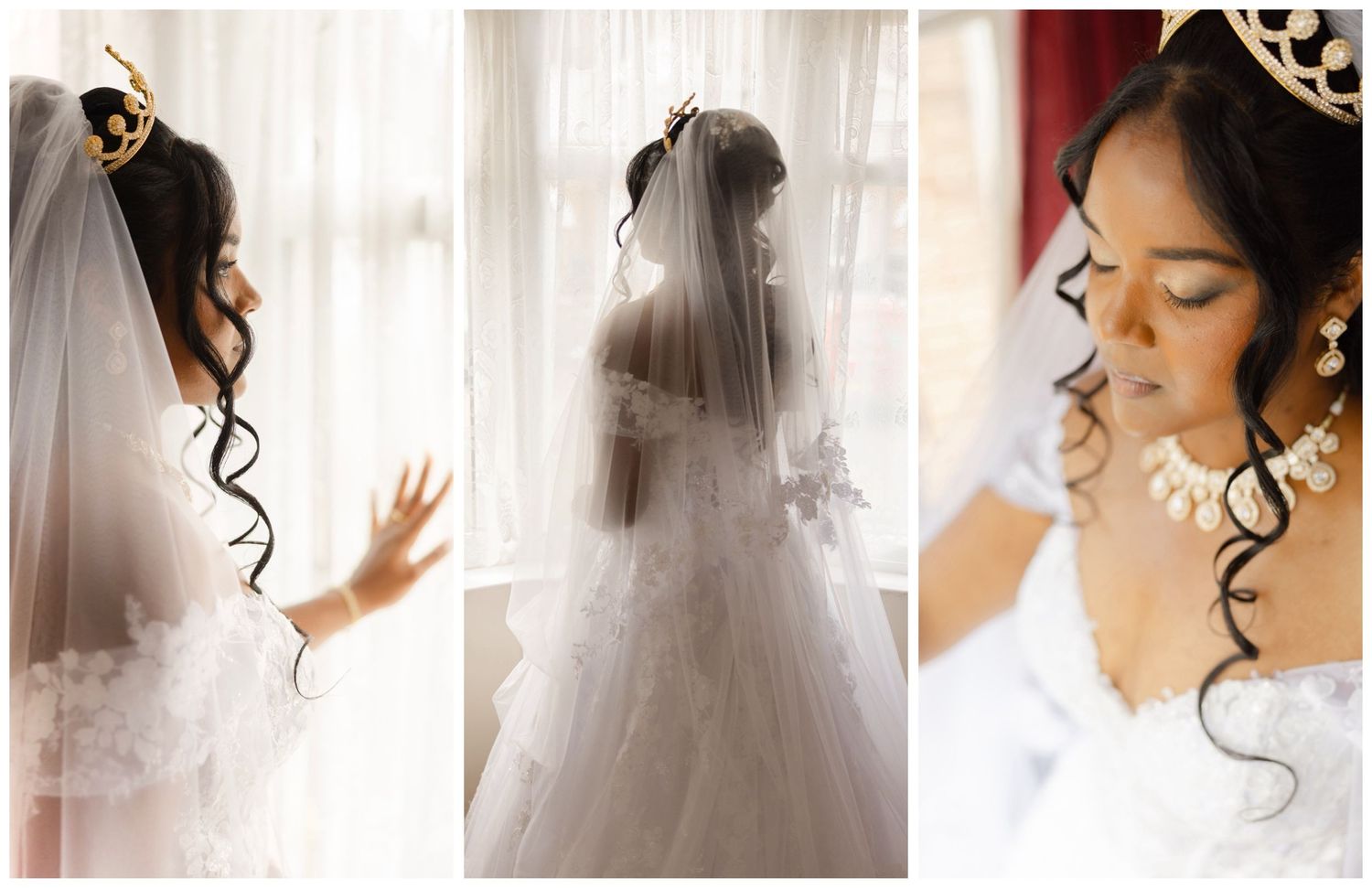 A dreamy bridal portrait series showing delicate veils and silhouettes against soft window light.
