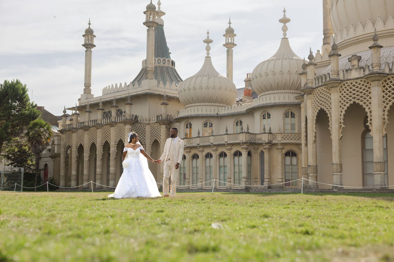 Panoramic view of the ornate Royal Pavilion palace with its iconic Indo-Saracenic architecture in Brighton, England.