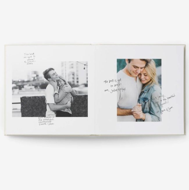 Open photo book with black-and-white and color couple portraits, featuring handwritten notes on white pages.