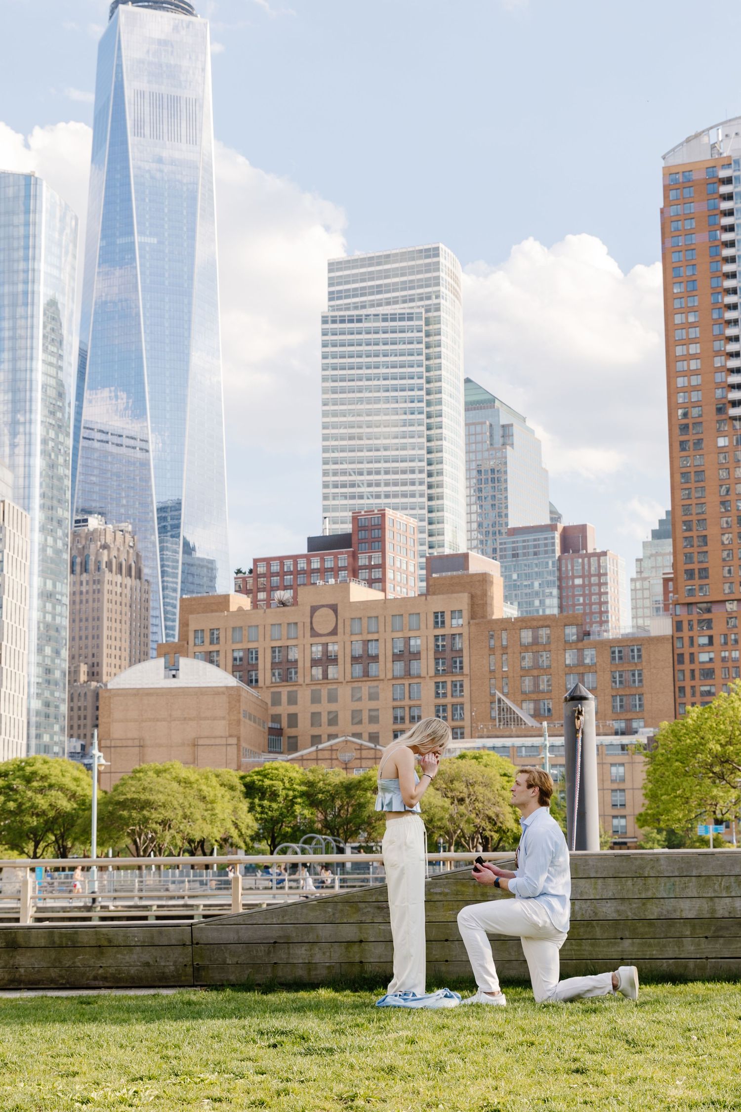 Man proposing on one knee to woman in park with NYC skyline skyscrapers in background.