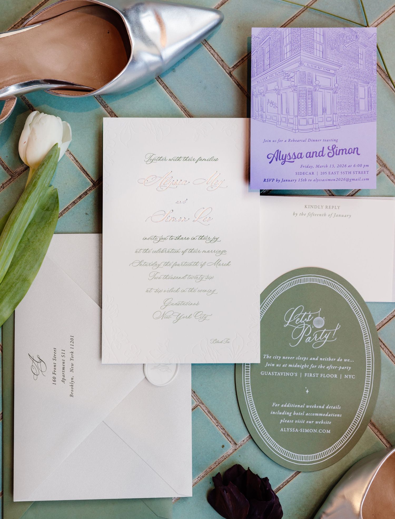Elegant wedding invitation suite with purple venue illustration, green oval party card, and white envelope.