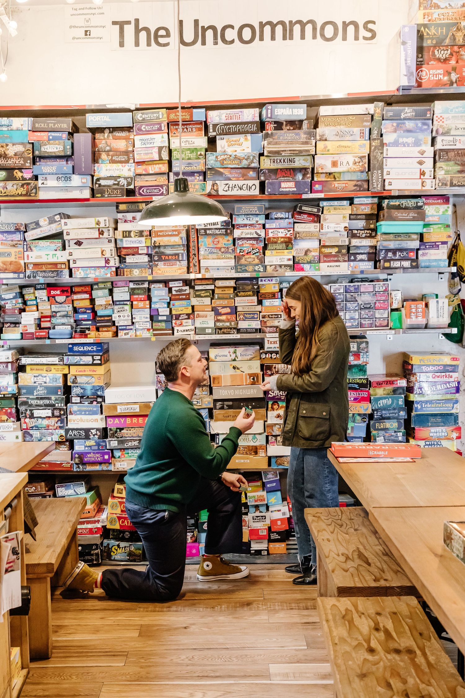 Romantic marriage proposal at The Uncommons board game store in New York City.