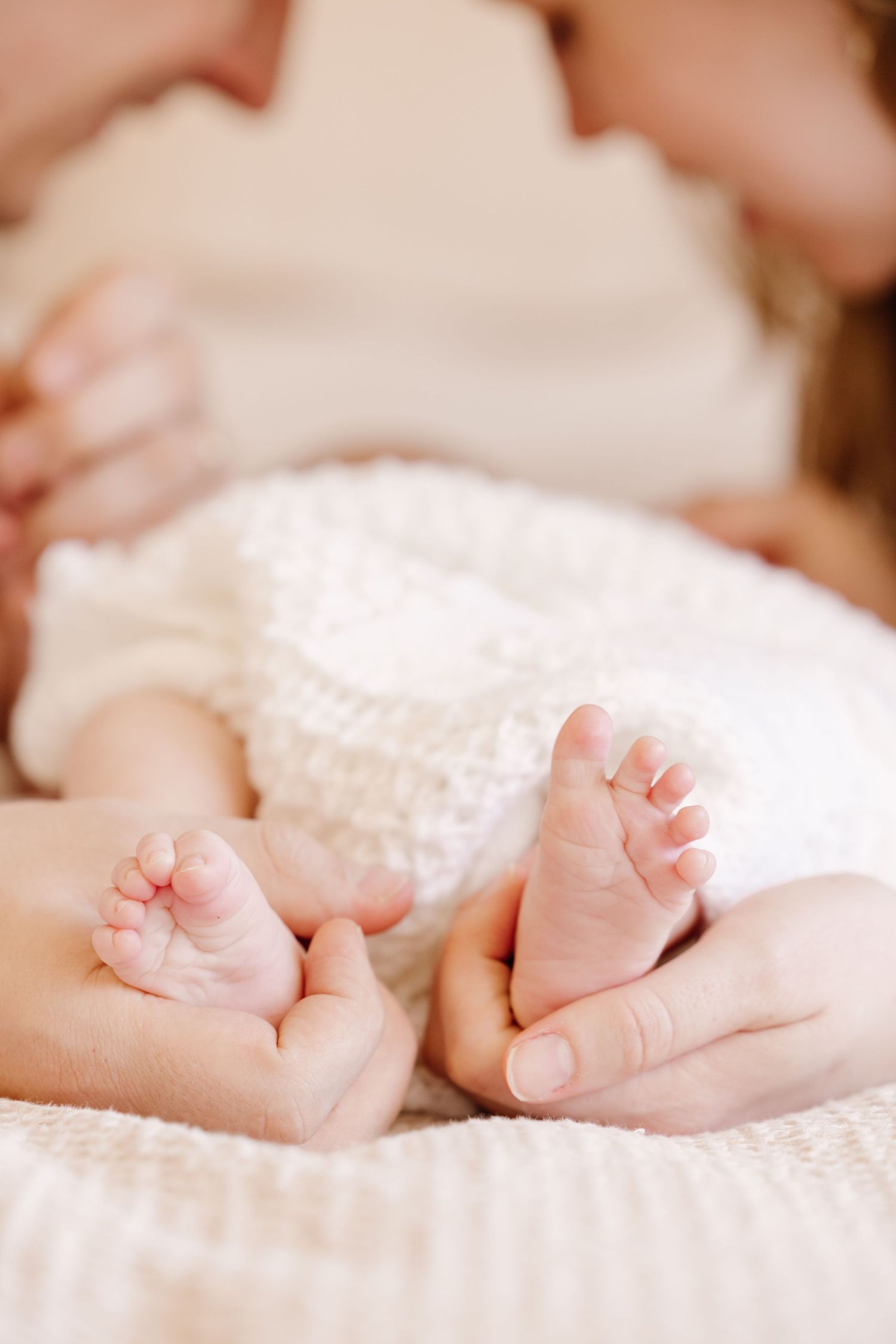 Close-up of tiny newborn baby feet held tenderly by parent hands.