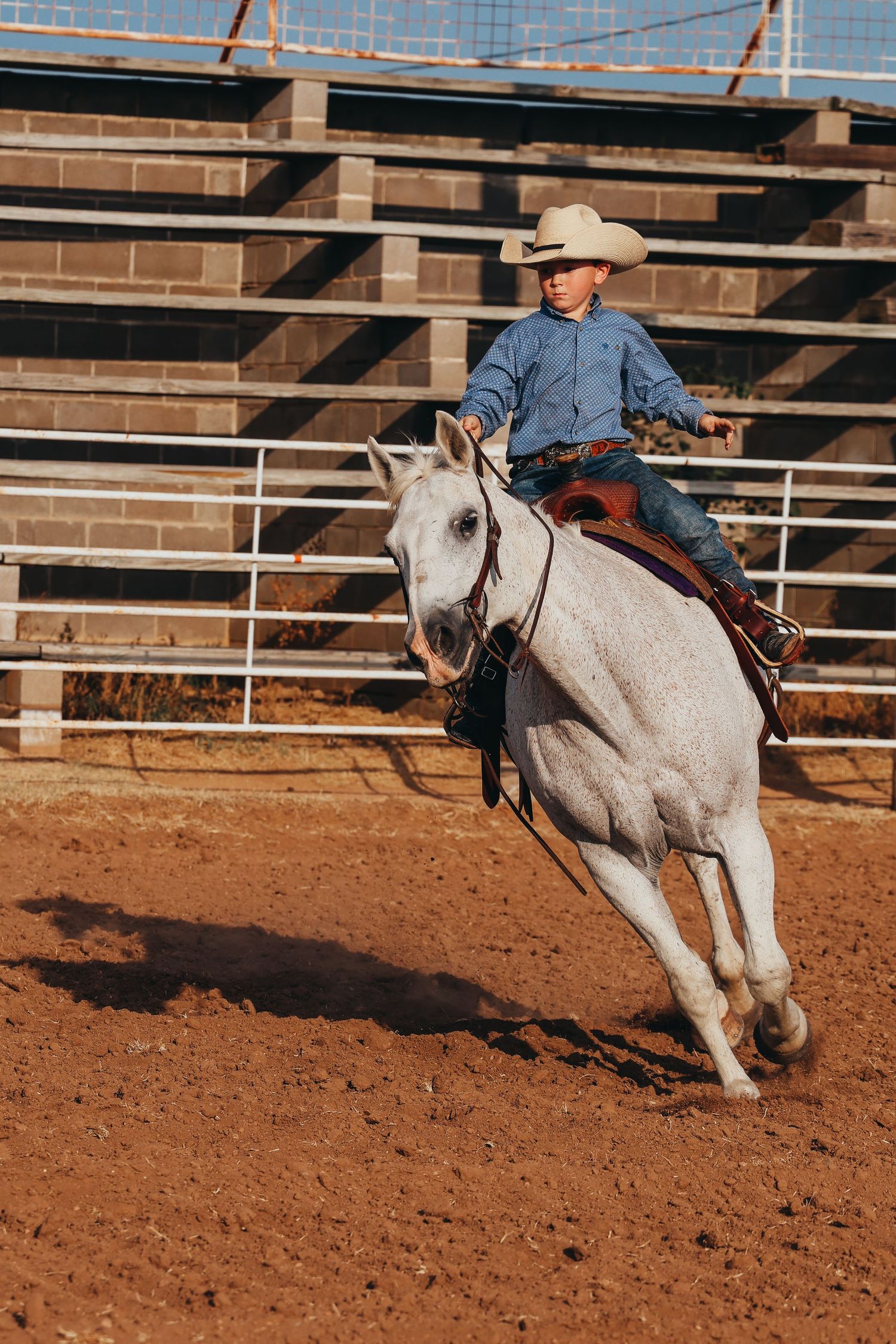 A white horse and rider perform in a rodeo arena against metal bleachers.
