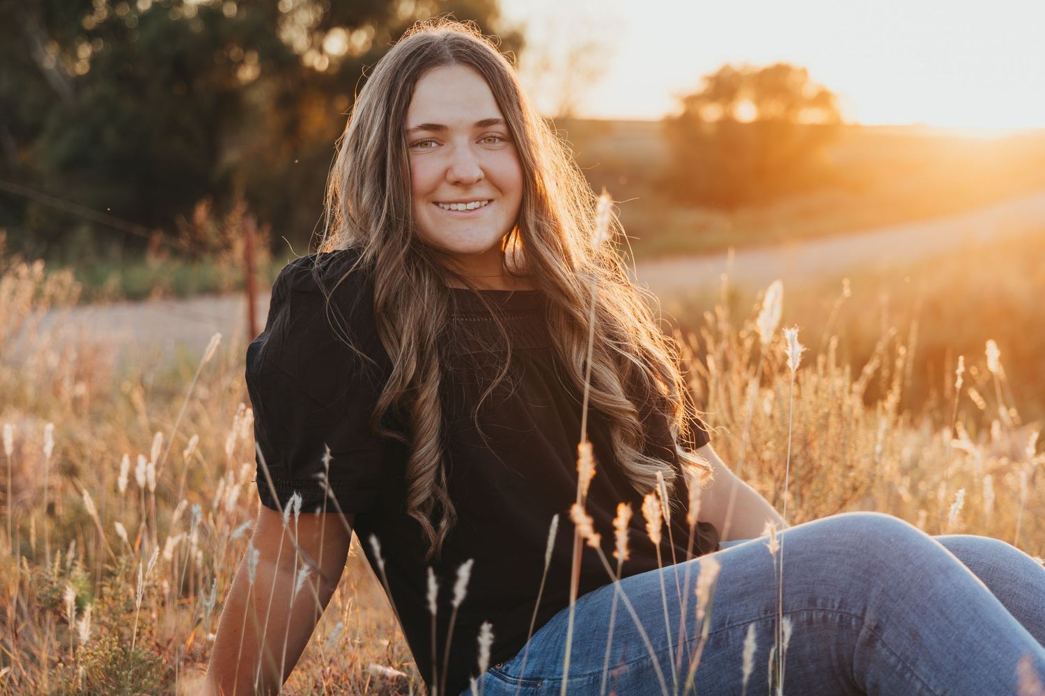 Golden sunlight illuminates a field of tall grass at sunset during a summer evening photoshoot.