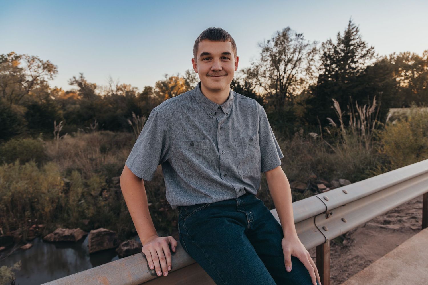 A series of outdoor portrait photos taken at sunset along a pathway near a river with trees in the background.