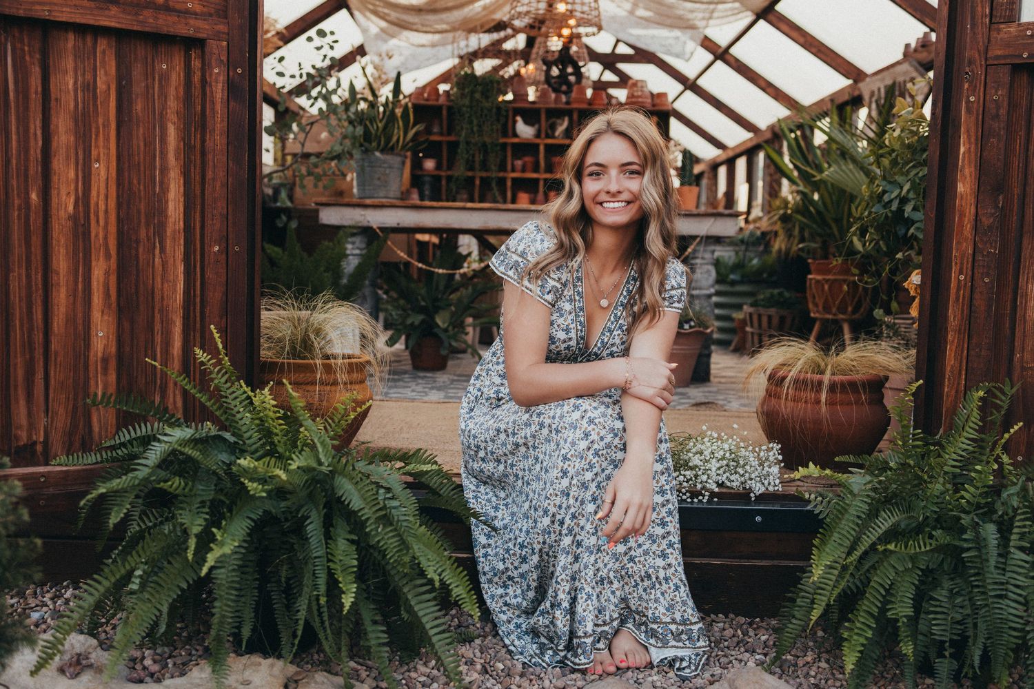 Interior of rustic greenhouse filled with lush ferns and hanging plants.