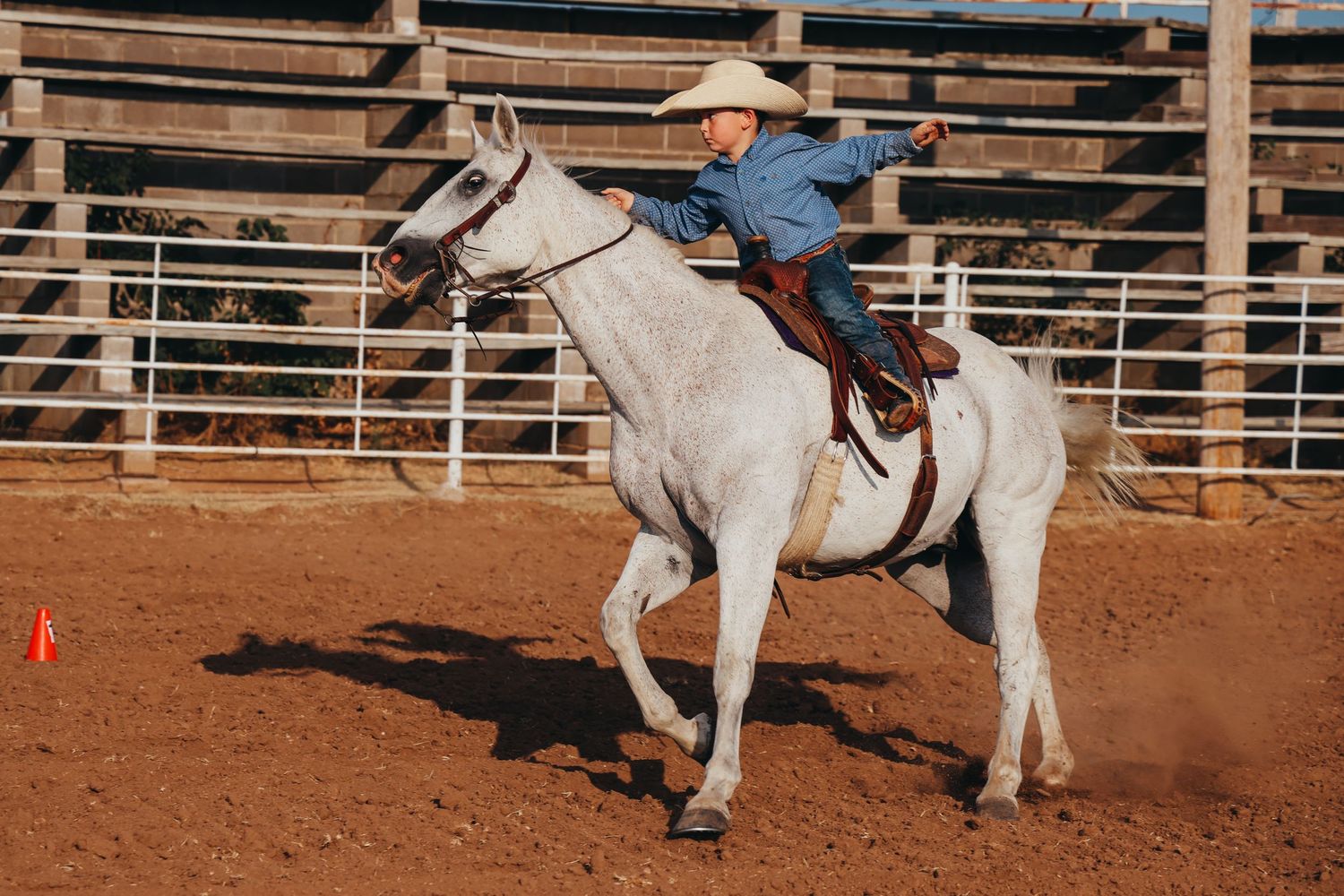 A rider guides a white horse through a barrel racing course in a rodeo arena.