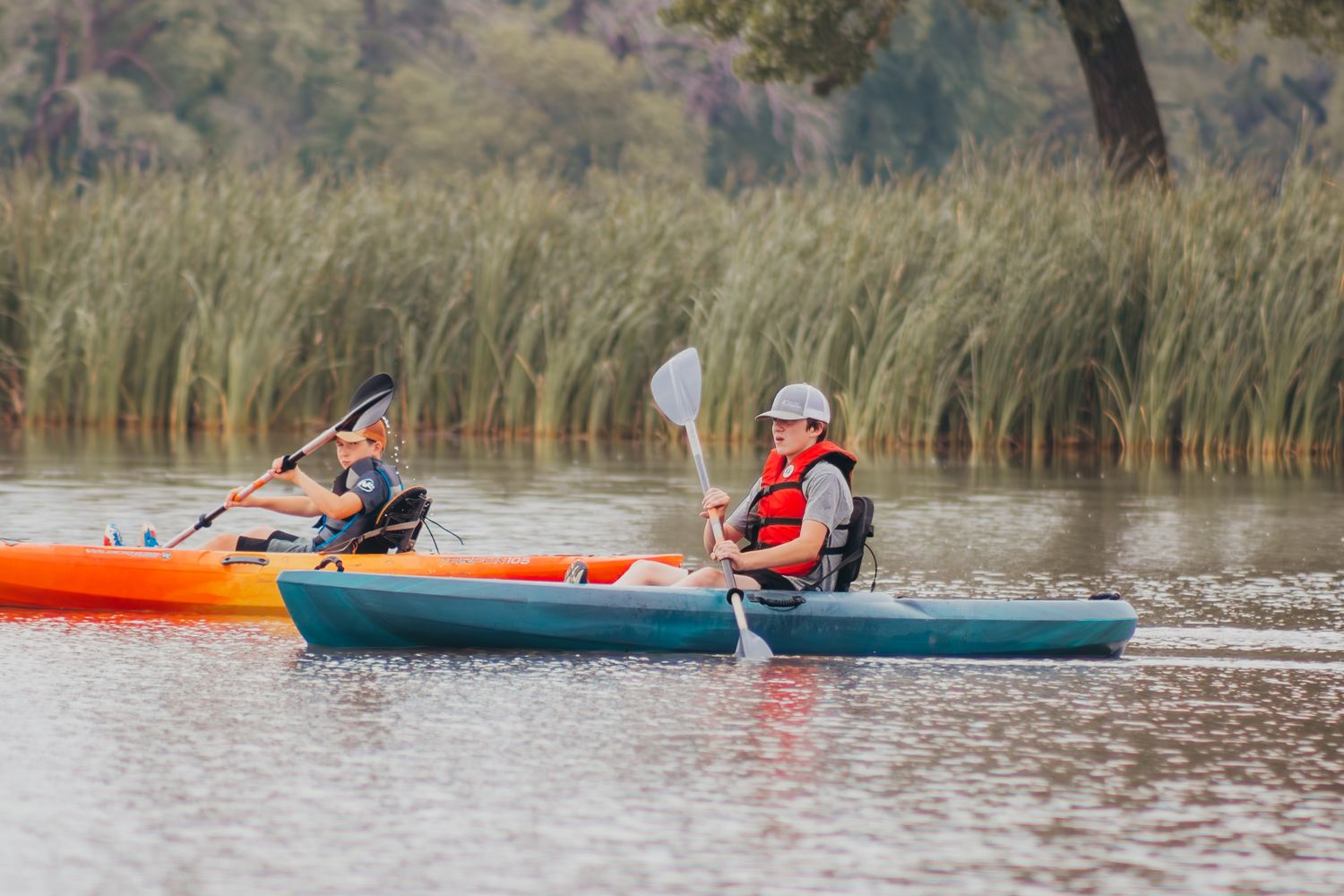 Two kayakers paddling through a scenic lake with tall reeds in the background.