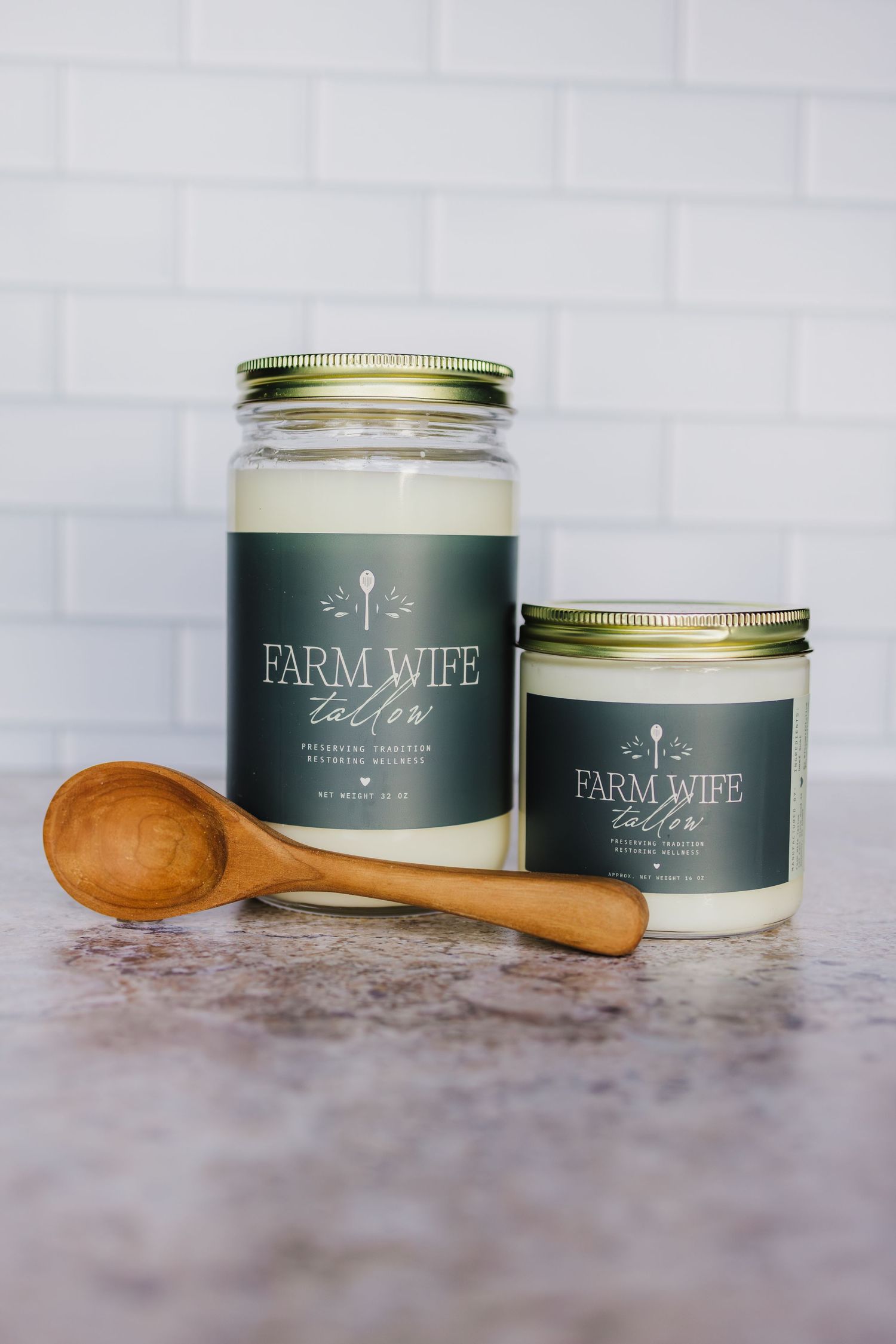 Farmhouse style green candle jars with wooden scoop displayed on gray marble surface in four different angles.