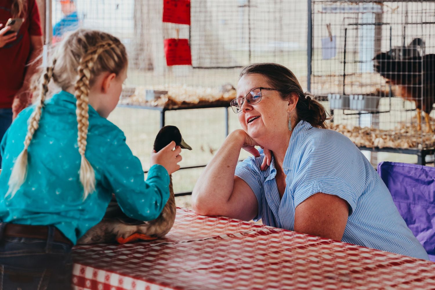 Conversation at a checkered tablecloth during a county fair or community event.