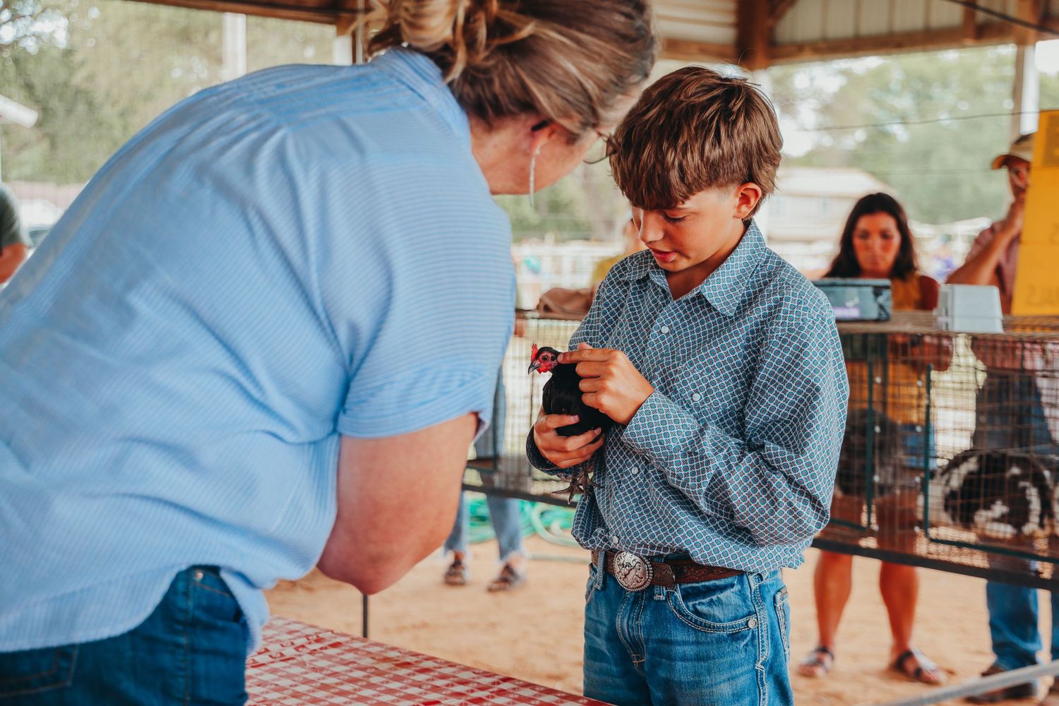 Youth exhibitor presents small animal for judging at county fair.