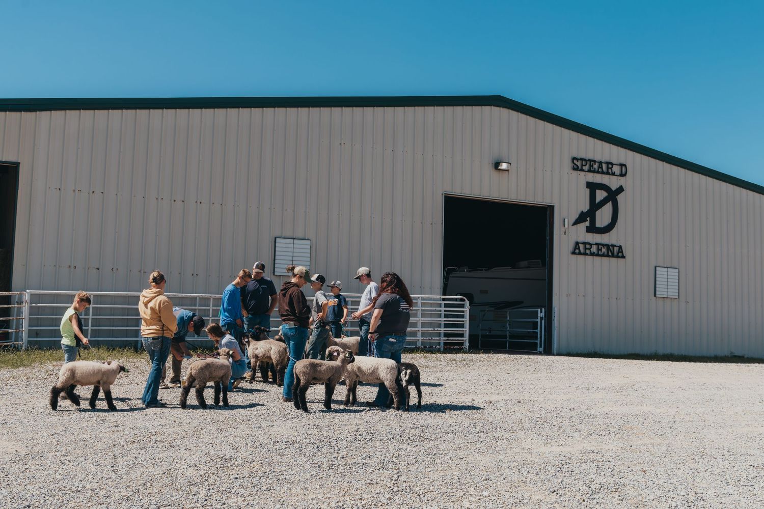 A group gathers with their dogs outside a metal building on a gravel lot.