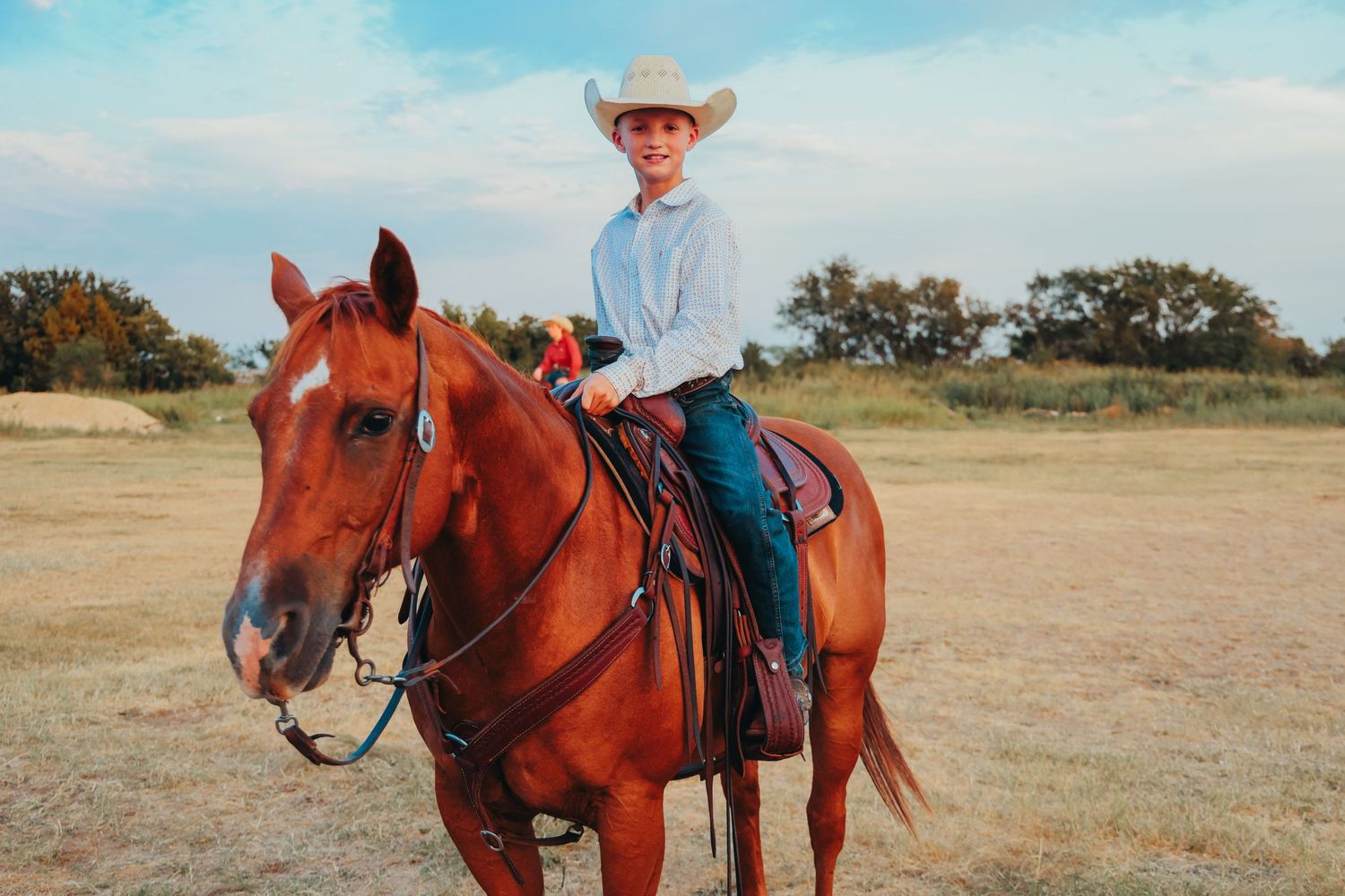 Rider in cowboy hat mounted on chestnut horse in open field under blue sky.
