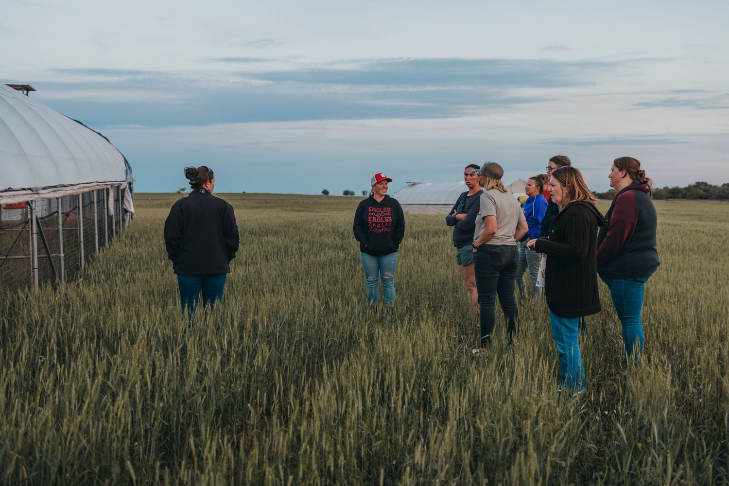 Small group of visitors gathered in a wheat field next to a greenhouse during sunset.