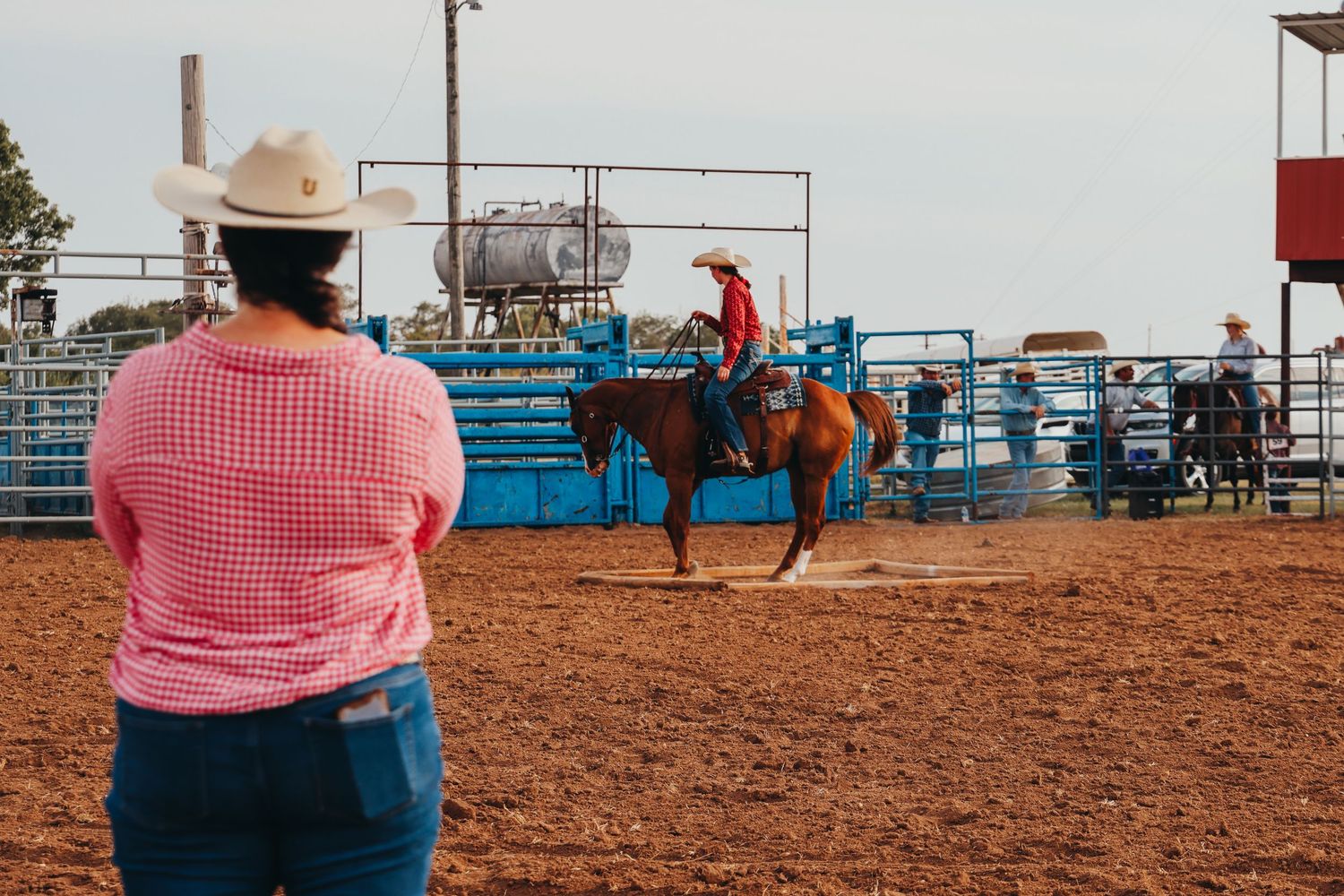 Person in pink shirt watching equestrian event from arena sidelines.
