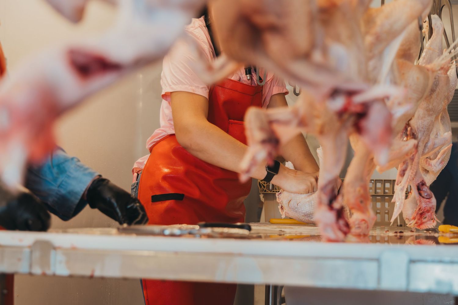 Worker in red apron processing meat at a commercial preparation station.