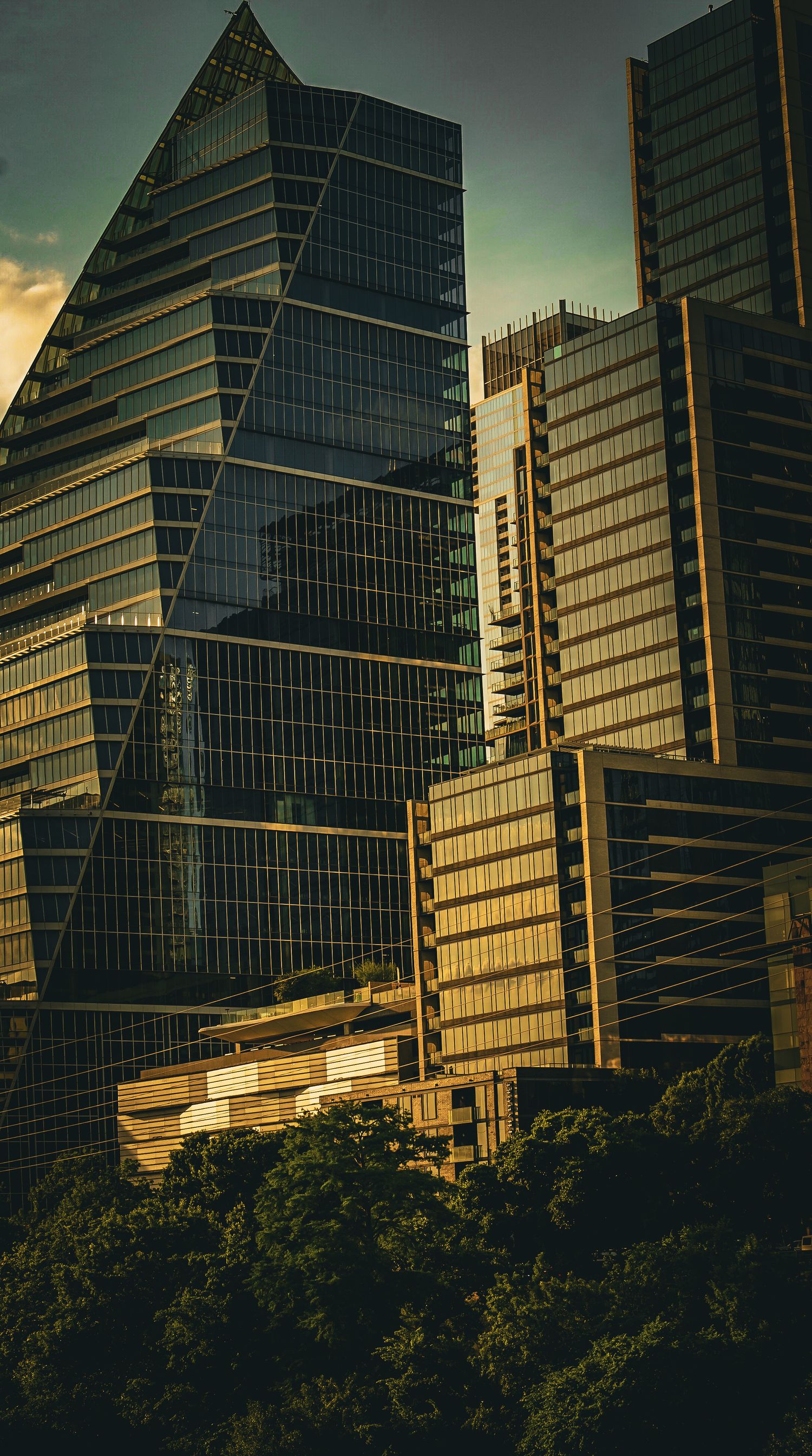 Modern glass office buildings with angular architecture reflecting sunlight against a tree-lined backdrop at sunset.