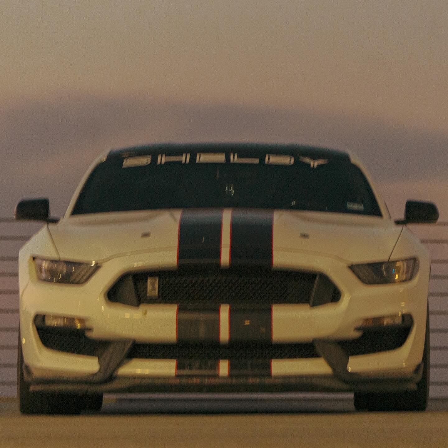 Front view of a yellow Ford Mustang Shelby GT350 with black racing stripes at sunset.