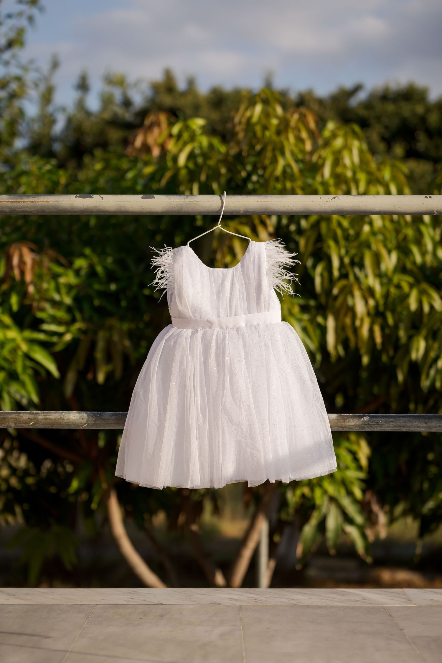 White tulle dress hanging outdoors against green foliage and natural lighting.