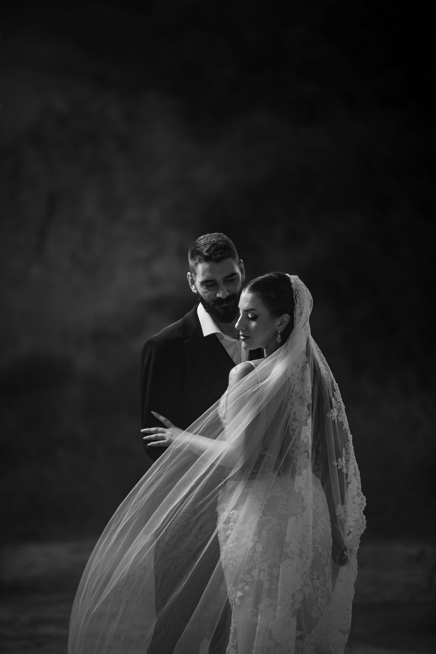 Dramatic black and white wedding portrait with flowing veil against moody sky.