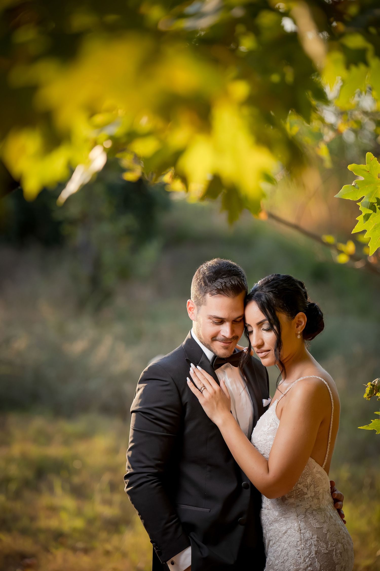 Intimate wedding portraits under green foliage with natural sunlight.