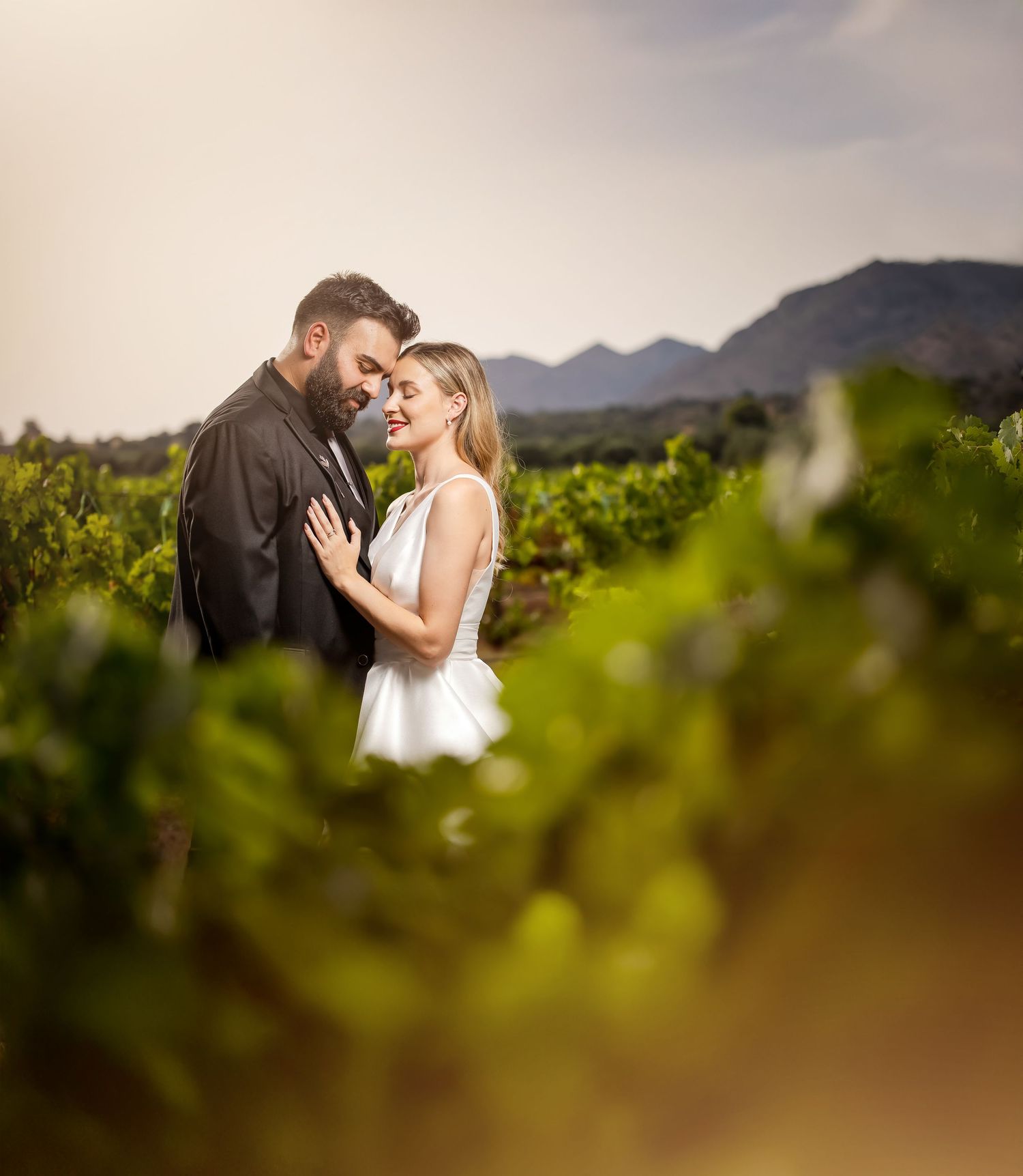 Intimate wedding couple portrait in sunlit vineyard with mountains in background.