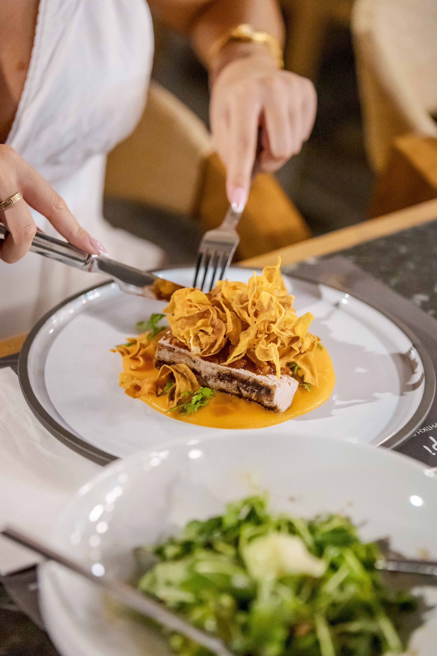 Someone serving crispy fried noodles with seared fish and bright orange sauce alongside a fresh green salad on white plates.