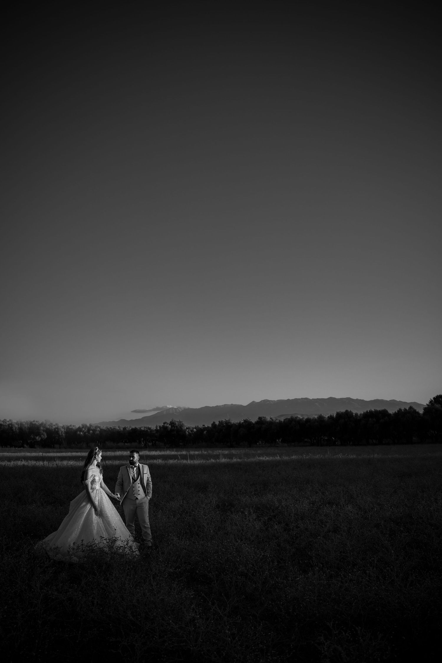 Minimalist black and white landscape wedding photography with distant mountains.