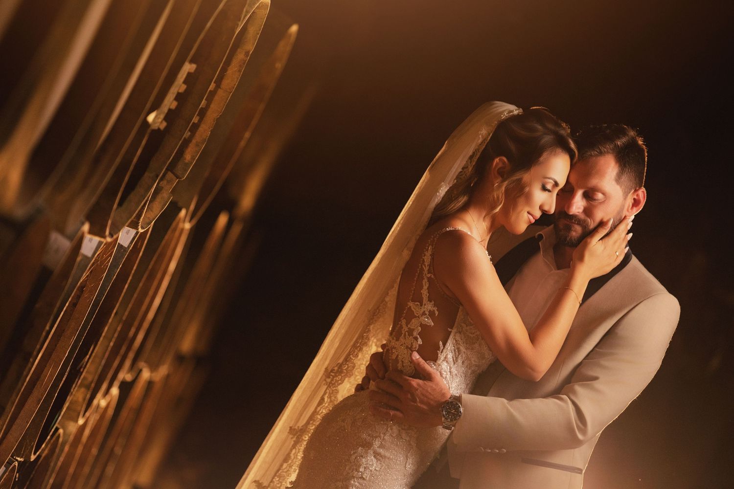 An intimate wedding photo shoot with warm lighting and romantic atmosphere.