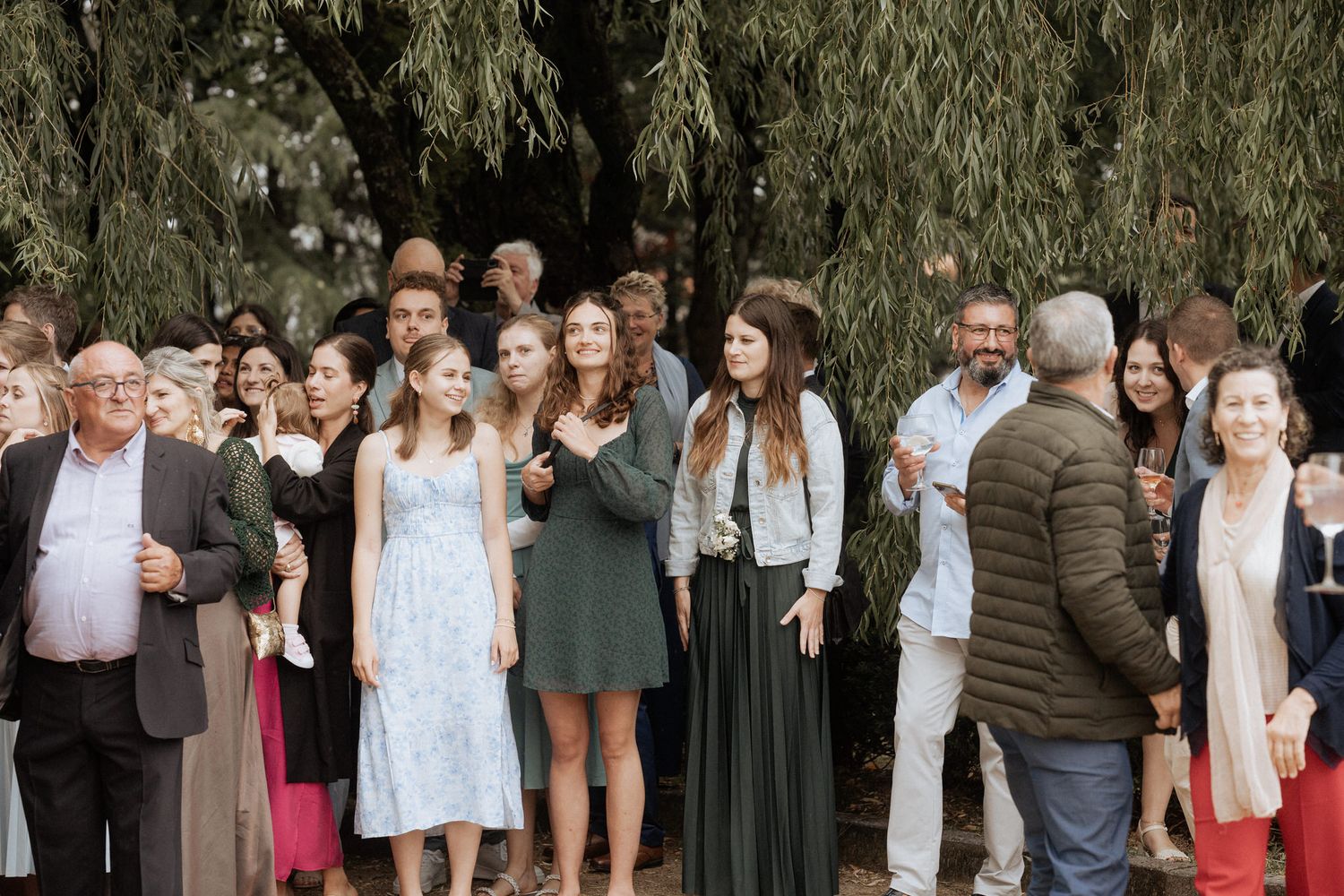 A large group of wedding guests gathered outdoors under a drooping willow tree during a celebration.