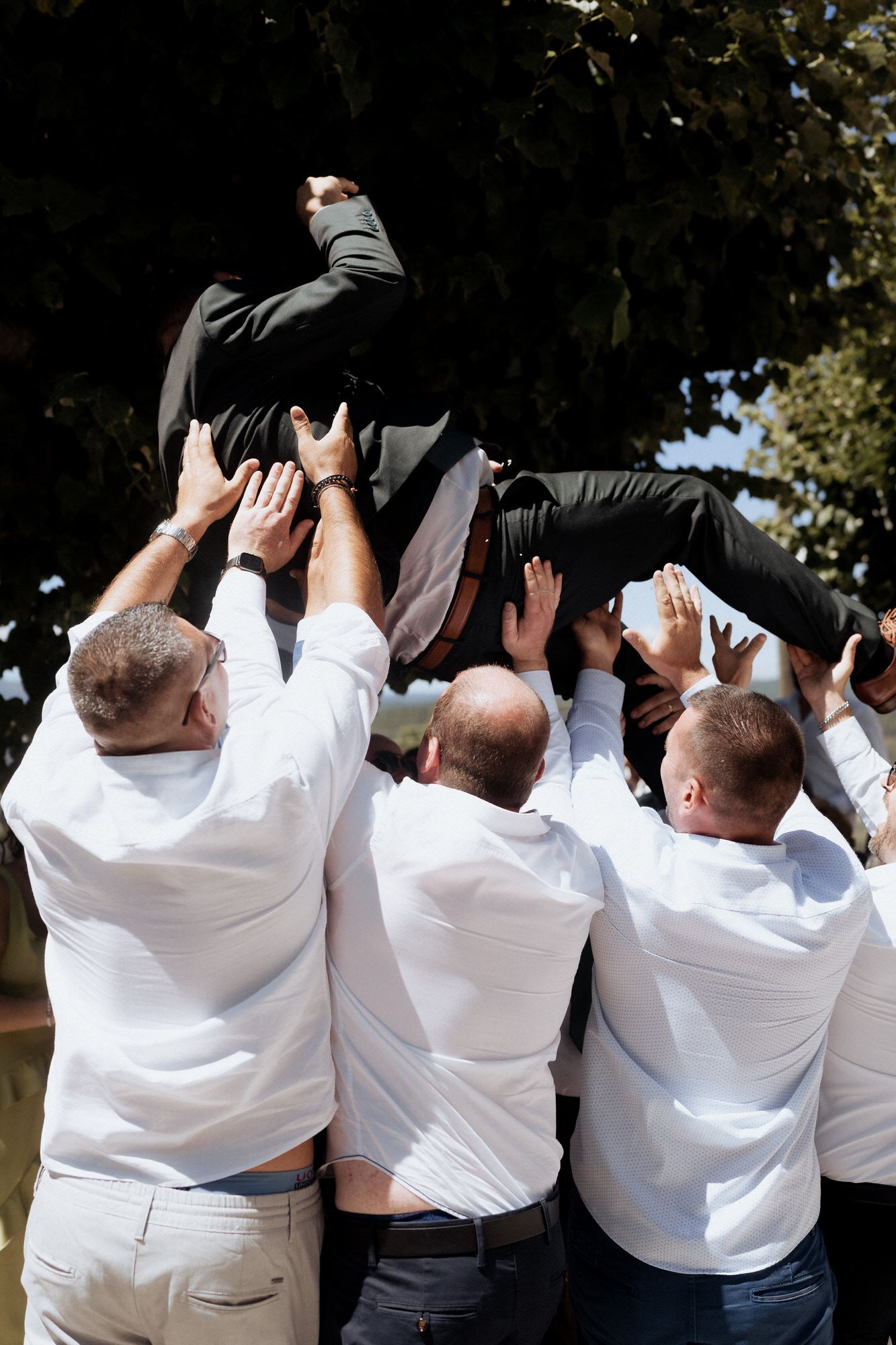 Groomsmen in white shirts tossing the groom in the air during celebratory outdoor wedding photo.