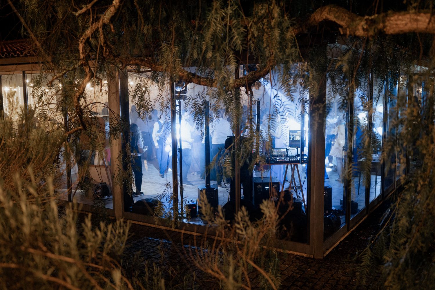 Spooky outdoor dining area illuminated by blue lights with Spanish moss hanging from trees at night.