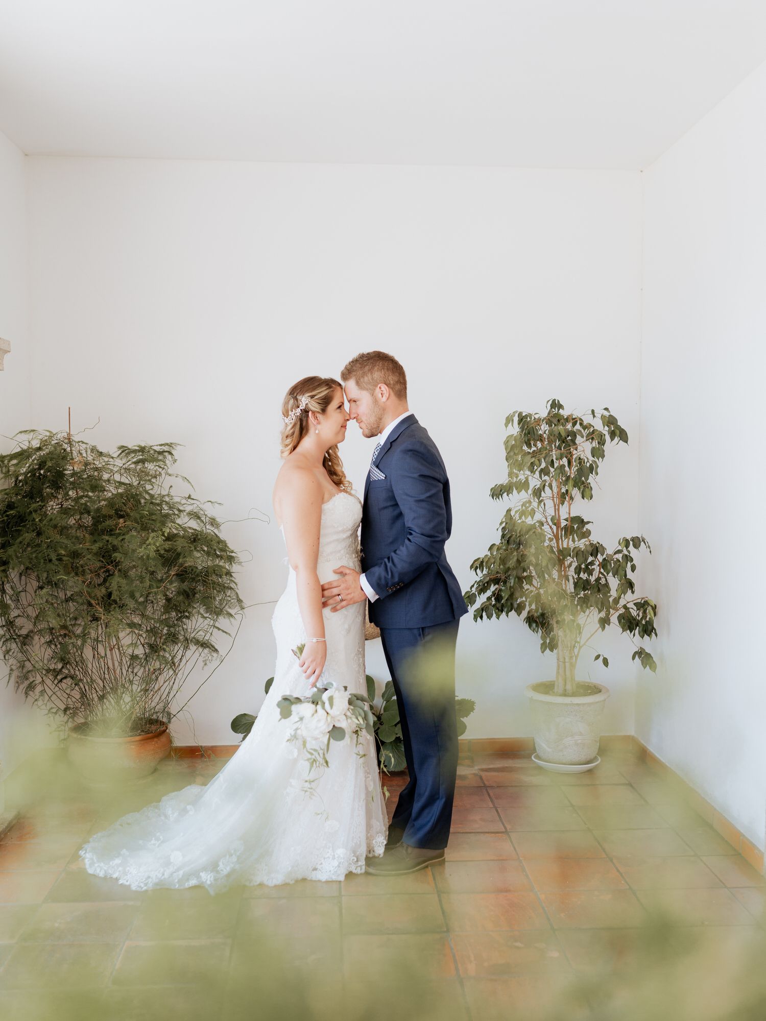Romantic wedding couple embraces in a sunlit hallway decorated with lush green plants and terra cotta flooring.