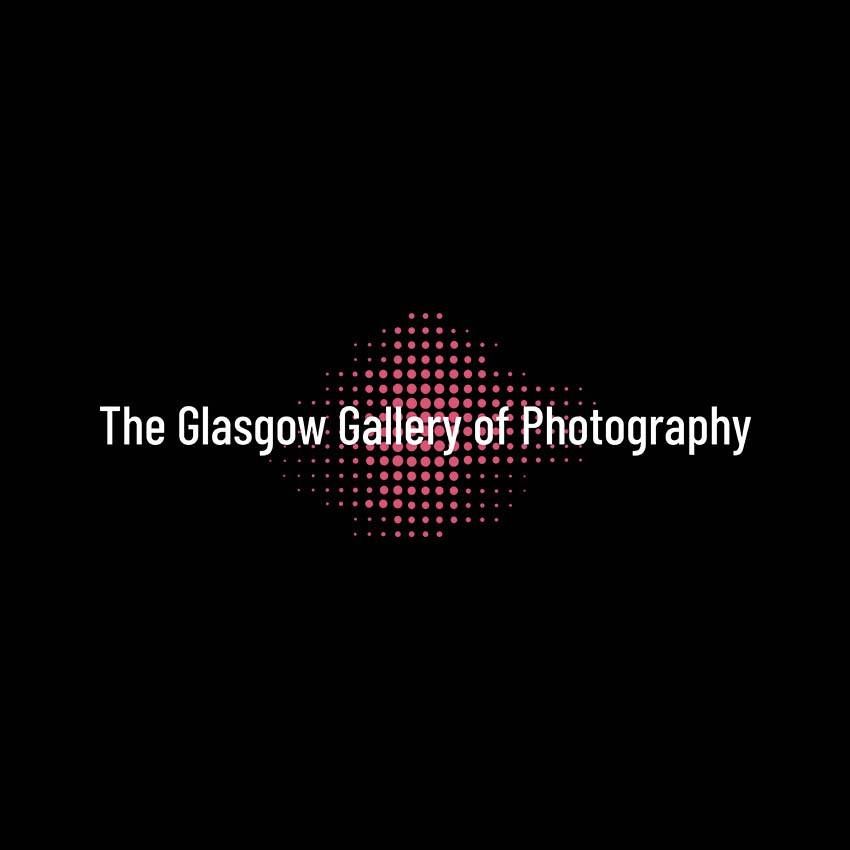 White text logo for The Glasgow Gallery of Photography on black background with pink halftone dot pattern effect.
