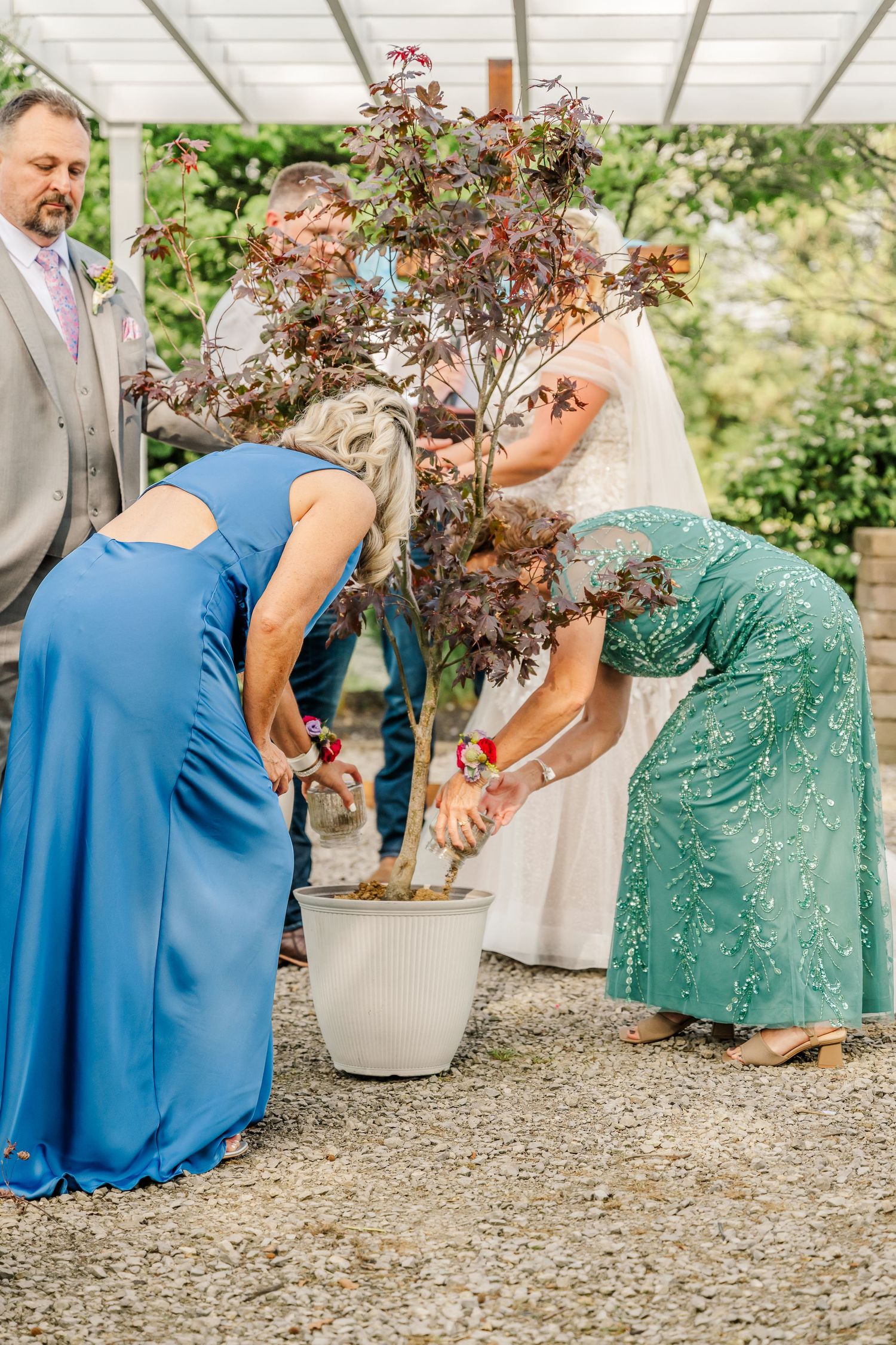 Wedding guests participate in a tree planting ceremony with decorative pot under a white canopy.