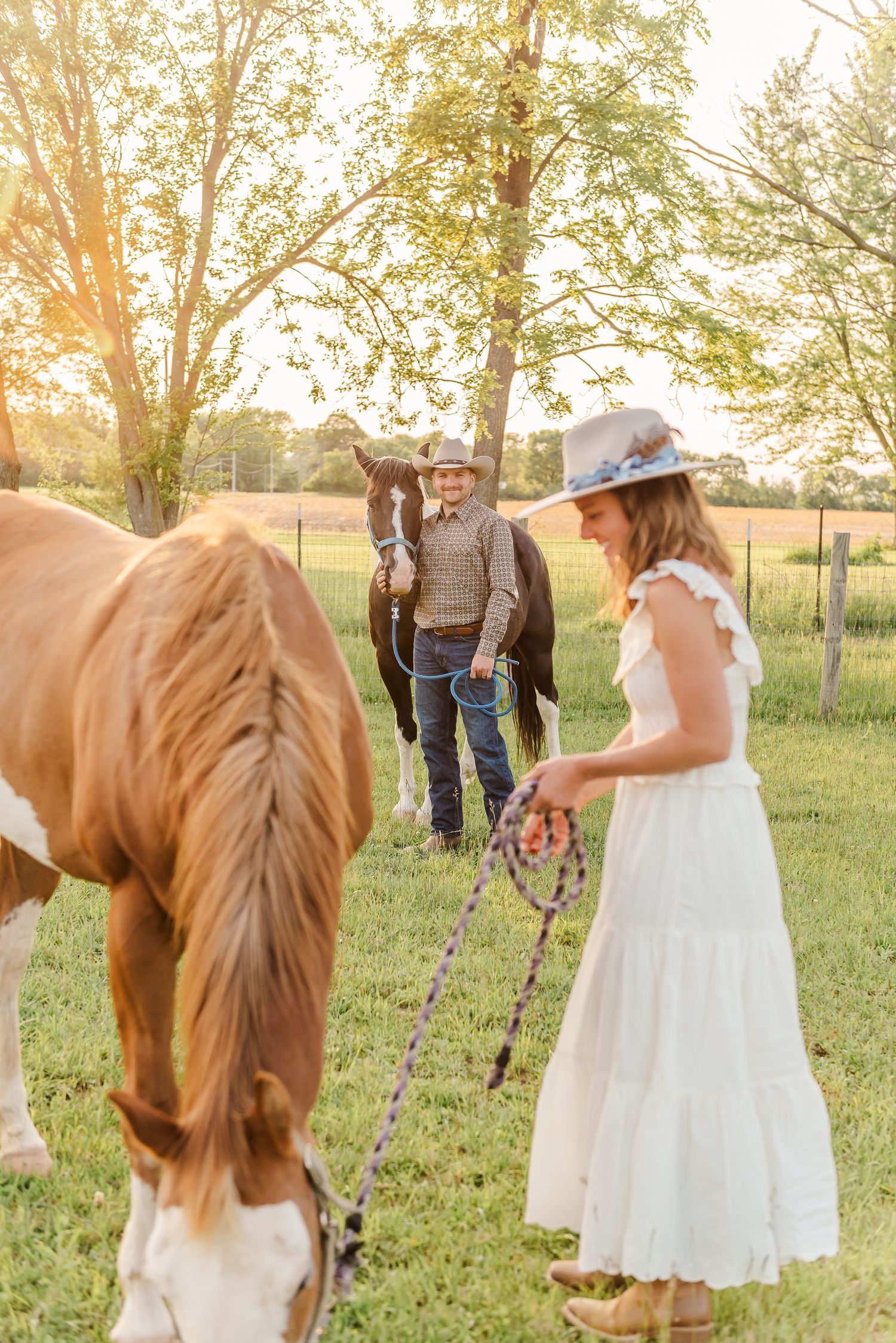 A chestnut horse and figures in a grassy field at sunset with a white dress visible in the scene.