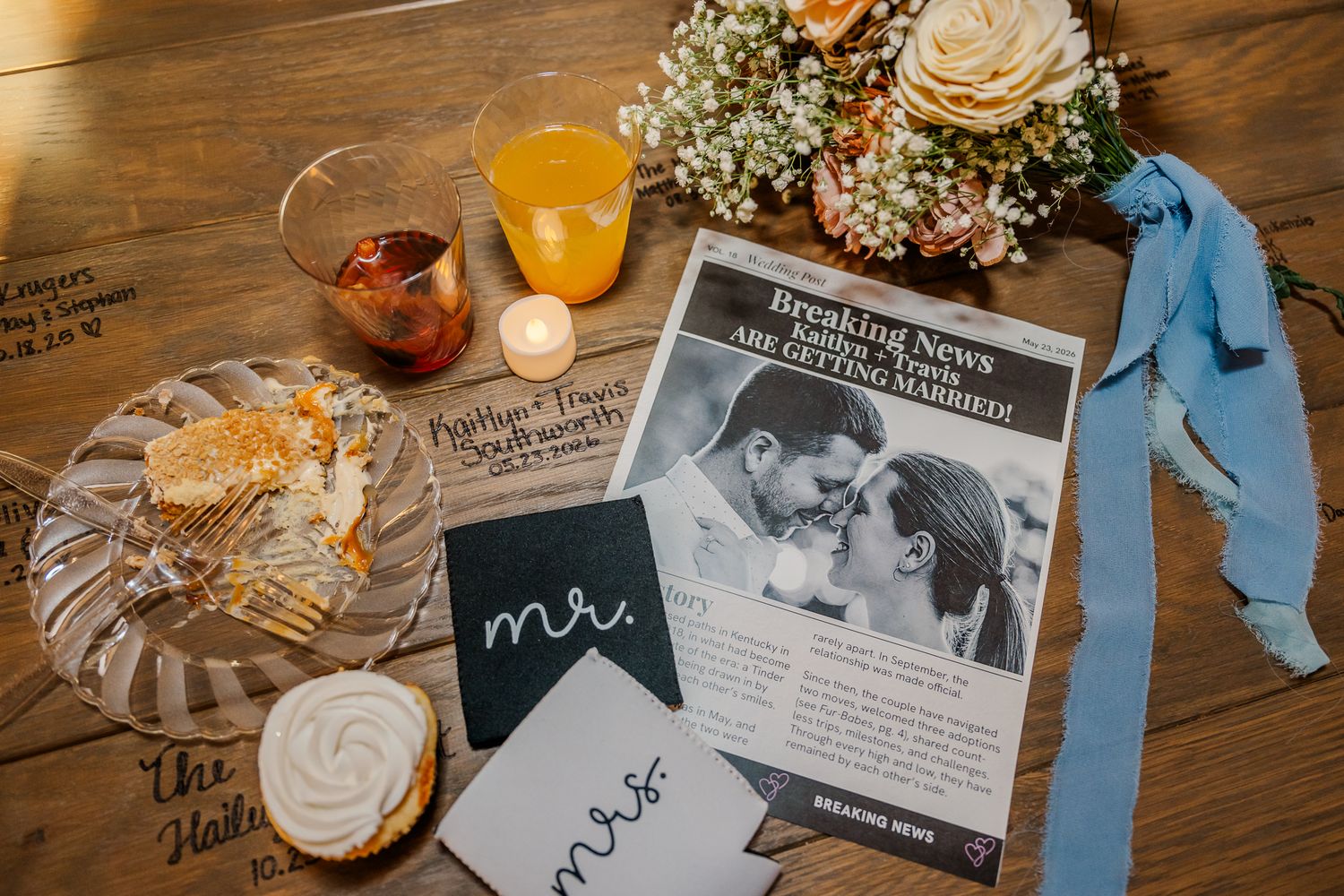 Wedding flat lay. end of night details photo at The Old Barns at Dry Run Farms in Williamsport, Ohio.